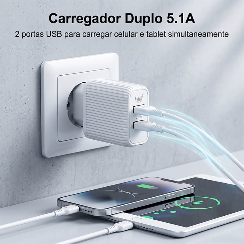 Kit Carregador Rápido 2 USB Tomada Europeia Para Iphone