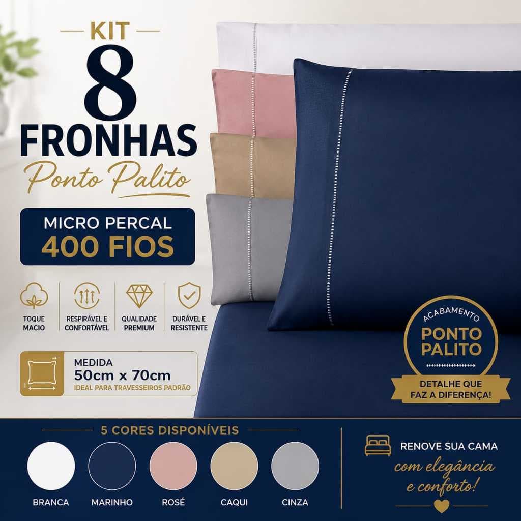 Kit 8 Fronhas 400 Fios 50x70 Ponto Palito Micro Percal Capa Travesseiro