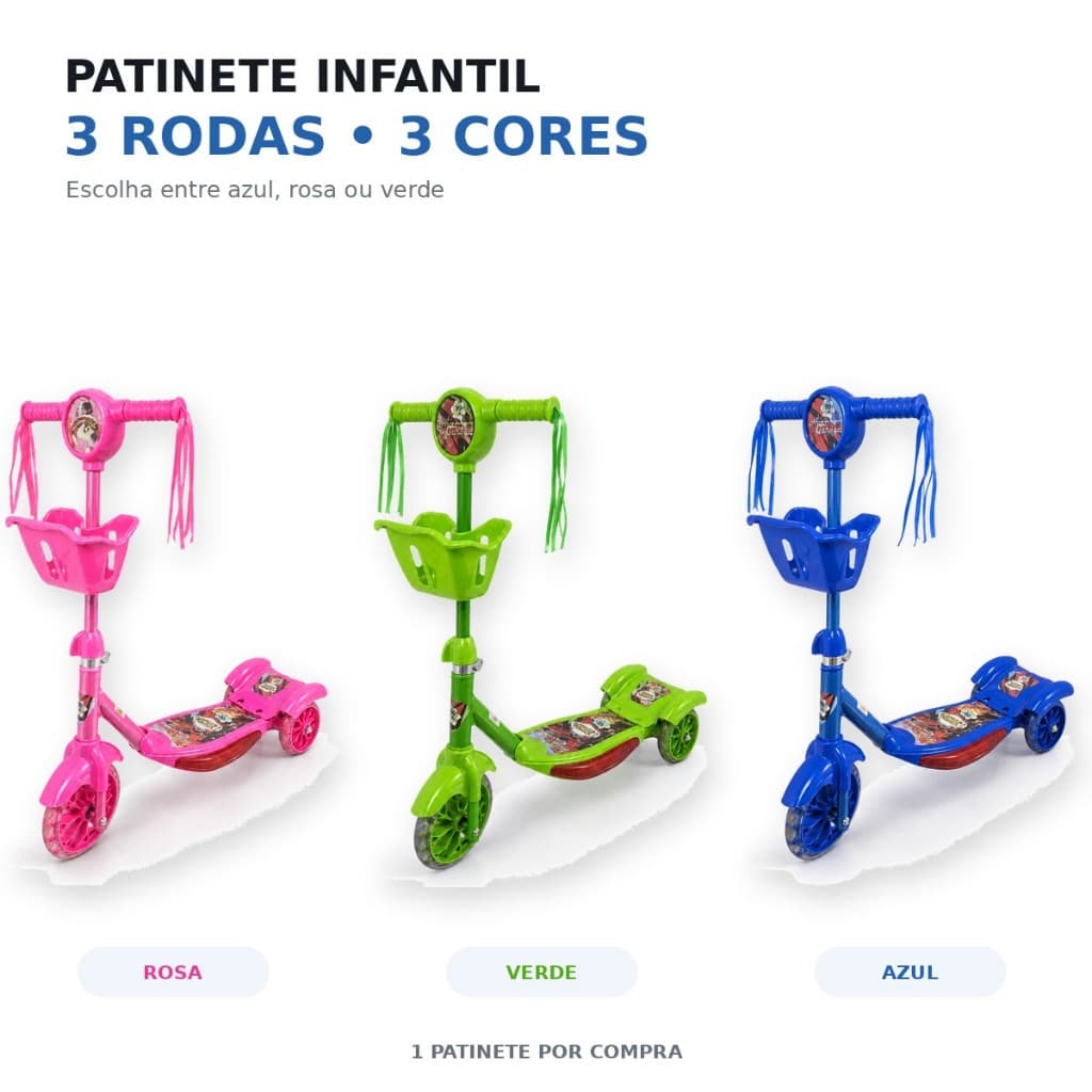 Patinete 3 Rodas Infantil Reforçado | Luz LED, Música e Cestinha