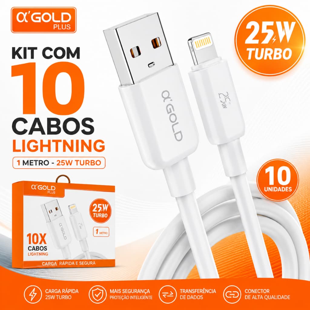 10 Cabos Iphone Carregadores USB com Lightinig Reforçado 25w Turbo 1 Metro