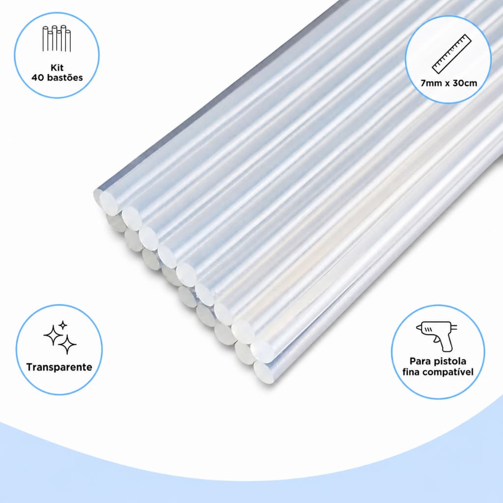 Refil Cola Quente Fina 7mm x 30cm Transparente Kit 40 Bastões para Pistola Artesanato