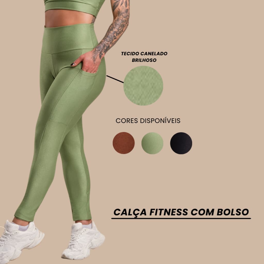 Calça Legging Fitness Feminina Com Bolso Cabe Celular Canelado Brilhoso Cintura Alta Academia Brilho