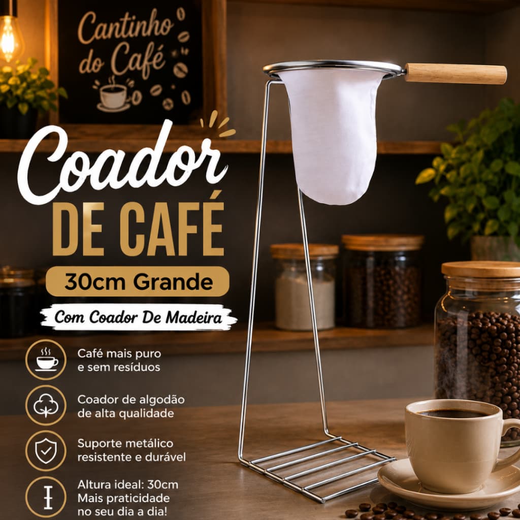 Suporte Coador De Café 30cm Grande Com Coador De Madeira Reutilizável