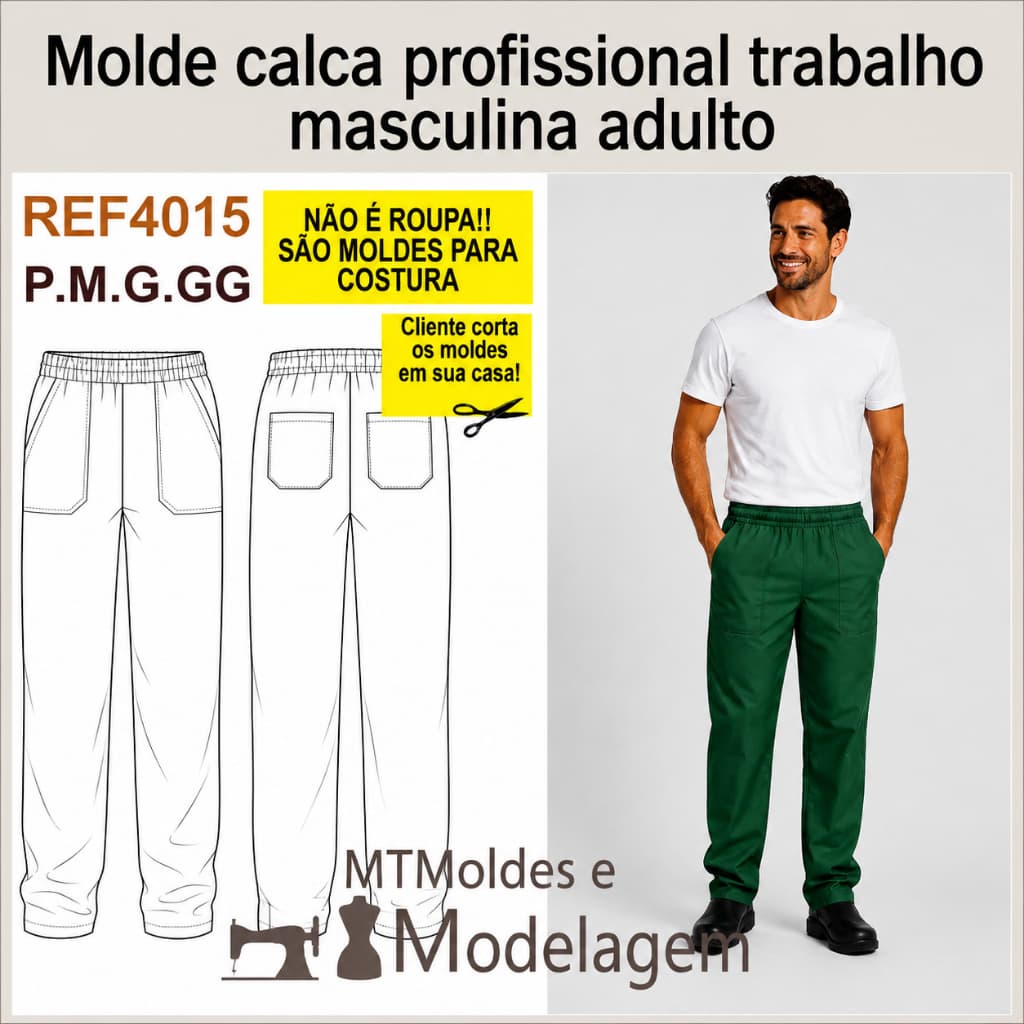 REF4015 Molde Calça Profissional Masculina com Bolsos e Cós com Elástico P M G GG Multitamanhos Impresso em Papel Kraft