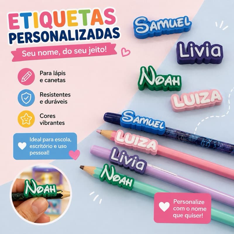 Etiqueta Personalizada para Lápis Infantil 3D com Nome | Identificação Escolar Personalizada