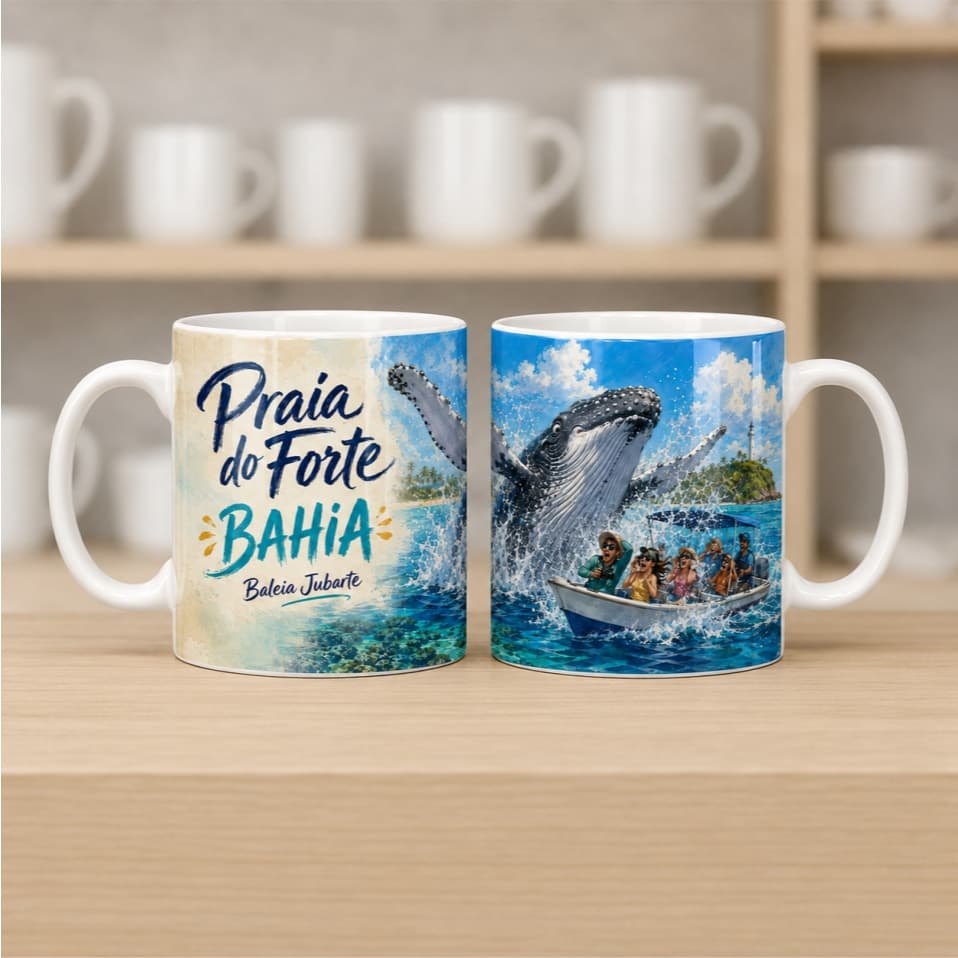 Caneca Xícara Praia do Forte | Lembrancinha da Bahia | Porcelana 325 ml