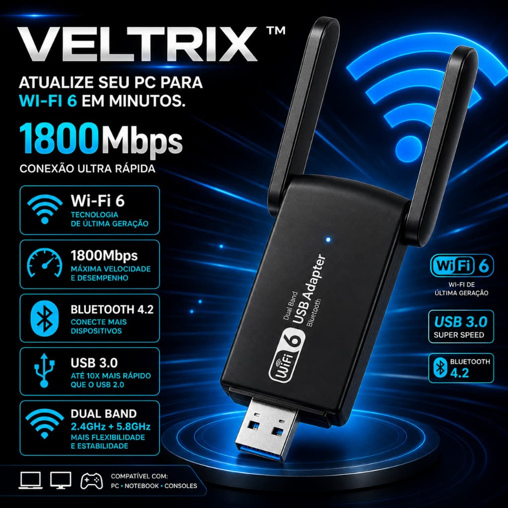 Adaptador USB Wi-Fi 6 VELTRIX™ 1800Mbps Dual Band Bluetooth 4.2 USB 3.0 2 Antenas para PC e Notebook