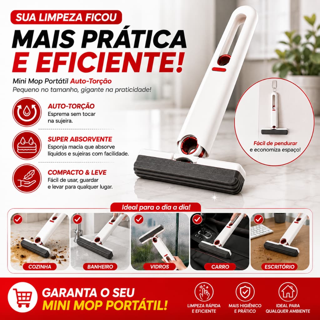 Mini Mop Portátil Retrátil Auto Torção Esfregão Absorvente para Banheiro Cozinha Casa e Carro