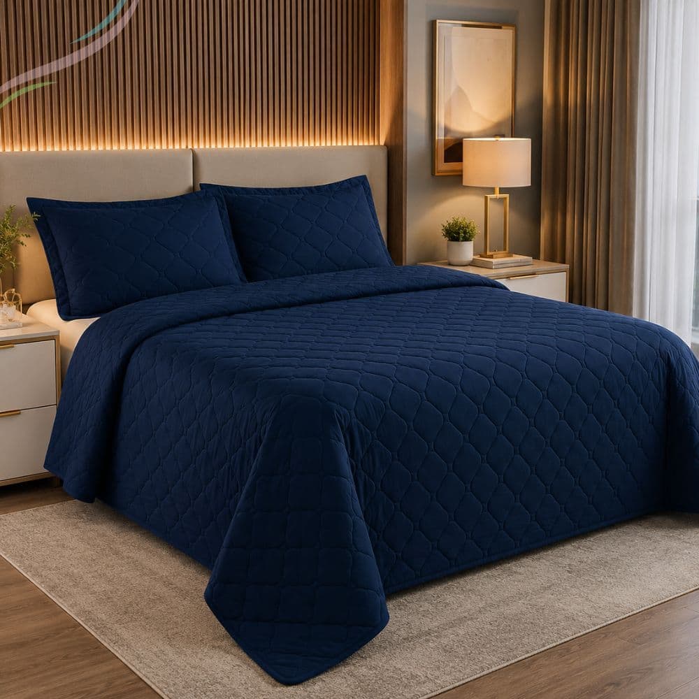 Cobre Leito Queen Marinho Matelado com 2 Porta Travesseiros Kit Colcha para Cama Queen | Opção Jogo de Lençol