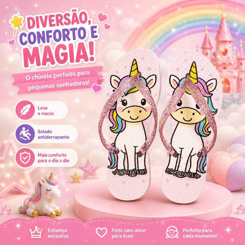 Chinelo Infantil Menina Tira Glitter Promoção Amorêvo Lançamento Estampa de Sonhos Divertida