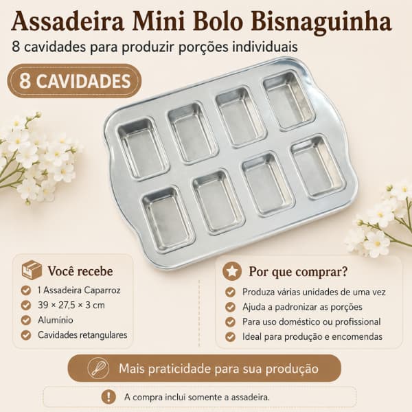 Assadeira para Mini Bolo Retangular Bisnaguinha 8 Cavidades Caparroz Alumínio 39x27,5x3cm Forma para Mini Bolos Brownies