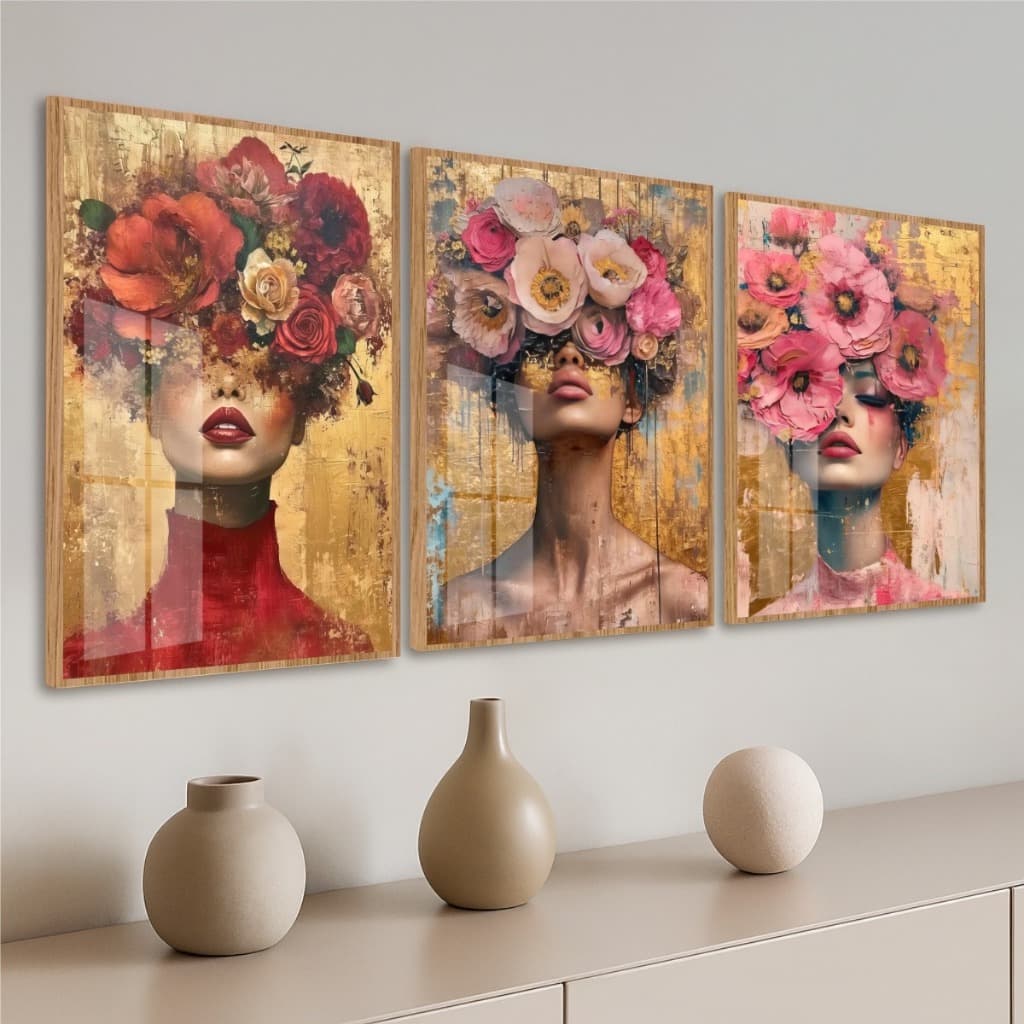 Kit Romântico Mulheres Elegantes Quadros Com Três Peças Moldura e Vidro Sala Quarto Escritório