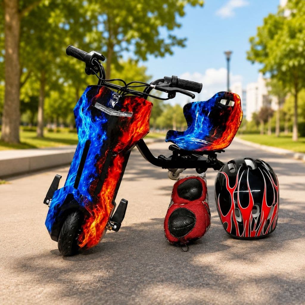 Carrinho Drift Elétrico Infantil 3 Rodas com Bluetooth, Capacete e Joelheira Brinde, para Criança.Ele