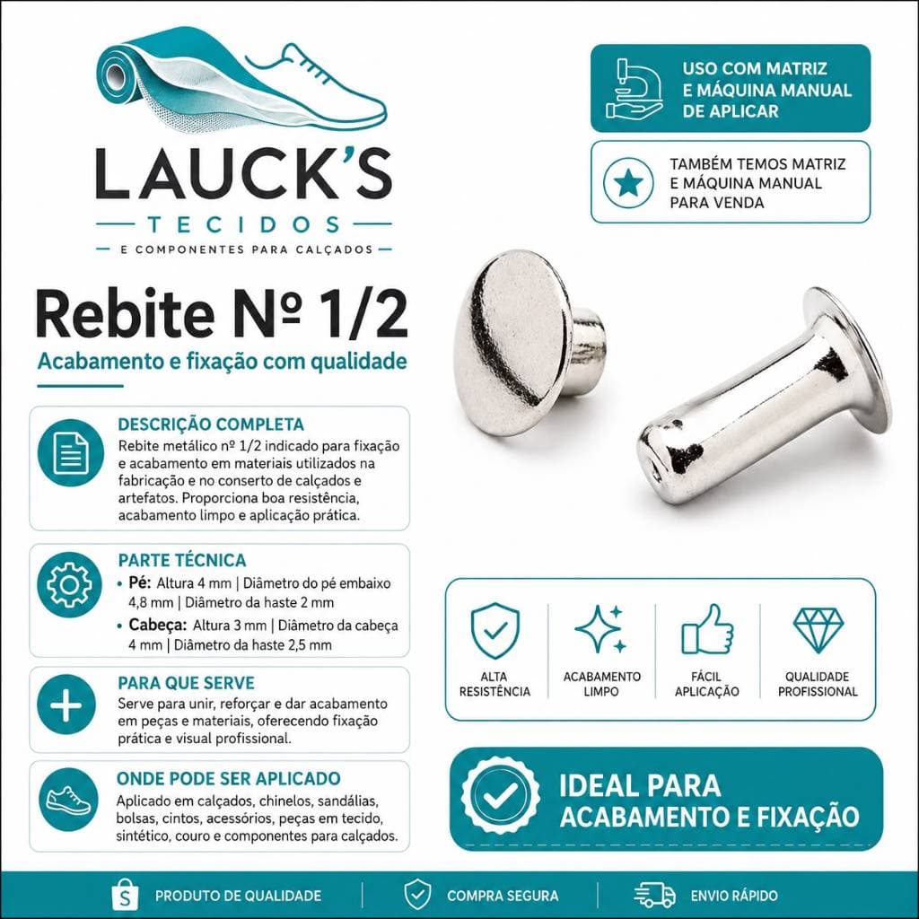 Rebite Nº. 1/2 (1.000) Ferro - Patchwork, Scrapbook, Cartonagem, Confecção, Etiquetas, Cintos, Calçados, Enfeites