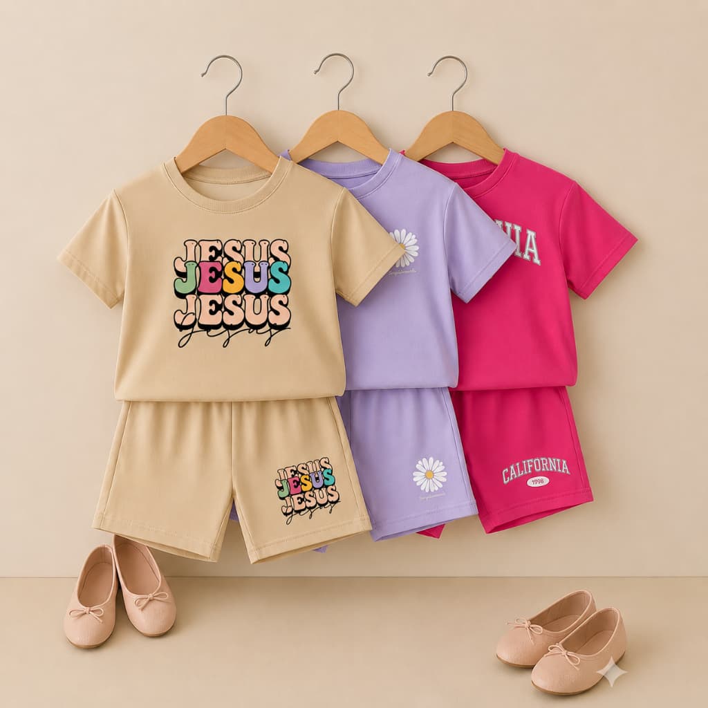 Kit Infantil 6 peças 3 conjuntos menina  short e camiseta  off jesus lilás florz pink california