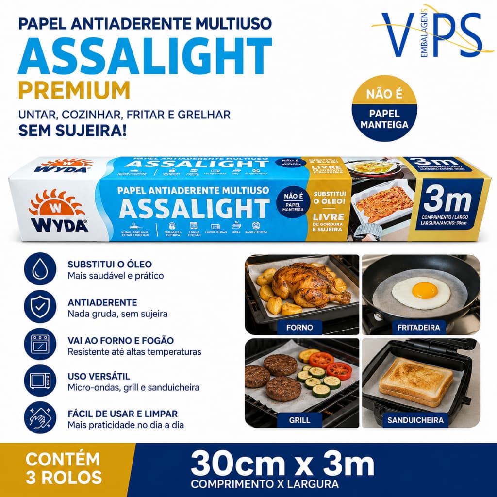 Kit 3 Rolos Assalight Premium 30cm x 3M Grelhar sem sujeira Wyda, estilo Papel Manteiga