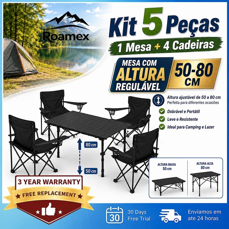 Kit Camping 5 Peças com 1 Mesa Dobrável Ajustável + 4 Cadeiras Dobráveis Portáteis para Camping, Praia