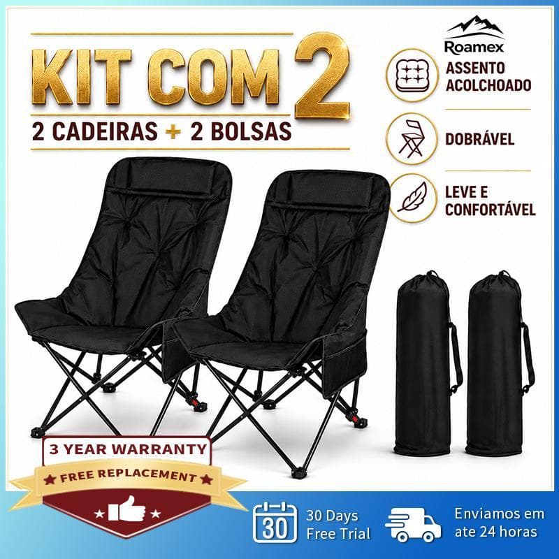 Kit 2 Cadeiras de Camping Acolchoadas Dobráveis com 2 Bolsas, Cadeira Lua Portátil Confortável para Praia, Pesca, Viagem