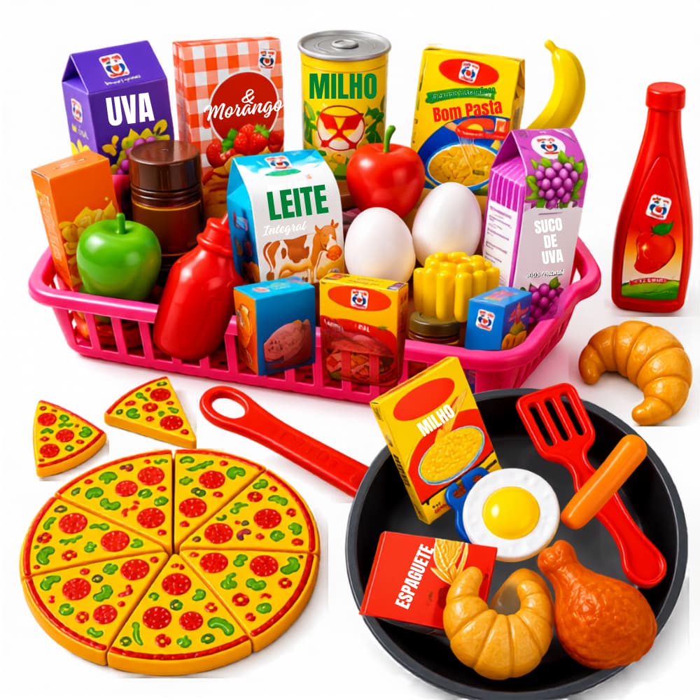 Kit Mercadinho Infantil Cozinha Comidinhas Pizza Frigideira Brinquedo Menina Frutas 47 Peças
