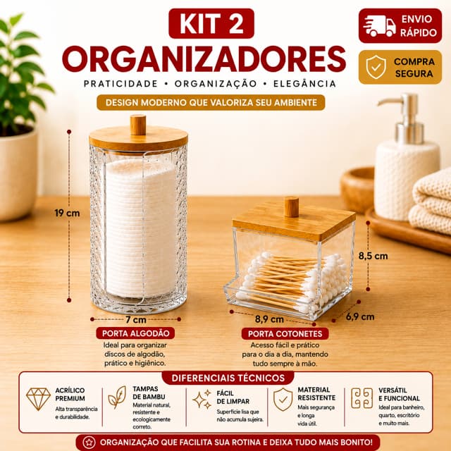 Kit 2 Potes Organizadores Multiuso com Tampa de Bambu | Porta Algodão e Cotonetes Acessórios em Acrílico - Moderno