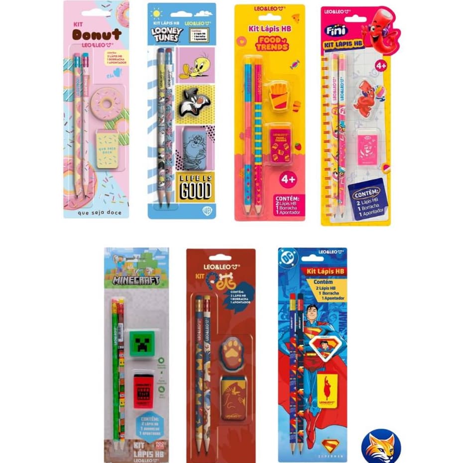 Kit Leo e Leo com 4 peças sendo 2 lápis HB+1 Borracha Personalizada+ 1 Apontador Personalizado