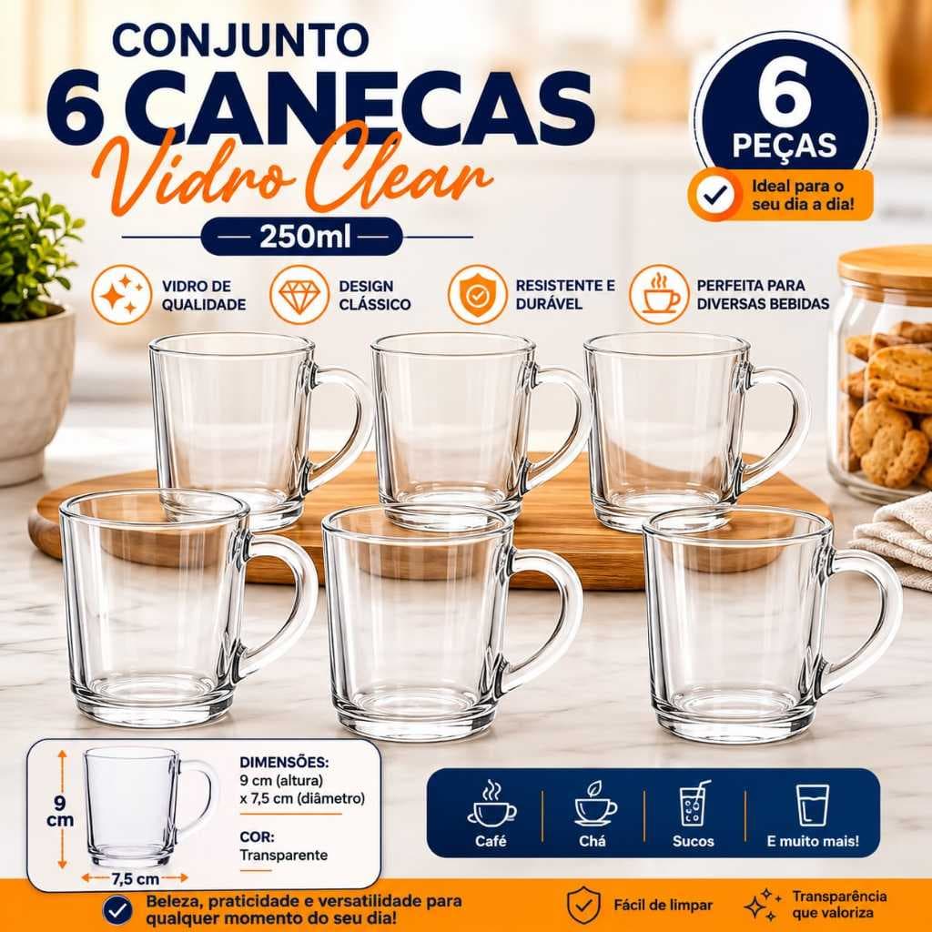 Kit 6 Canecas Vidro Clear 250ml Transparente Conjunto Café Leite Chá Mesa Posta Cappuccino☕