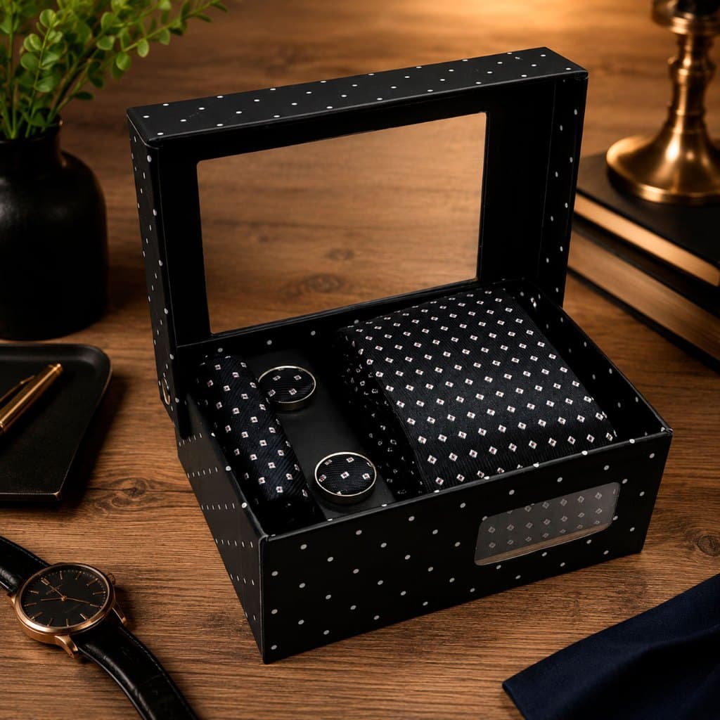 Kit Gravata Slim + Lenço de Bolso Abotoaduras Preto Bordado