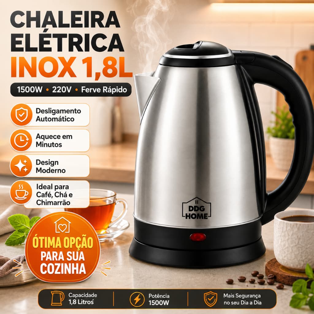 Chaleira Elétrica Inox 1,8L 1500W 220V Desligamento Automático Fervedor de Água
