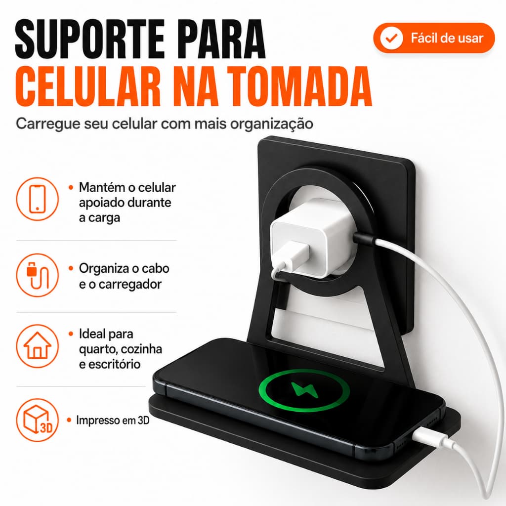 Suporte Para Celular Na Tomada 3D Porta Celular Carregando Organizador De Cabo