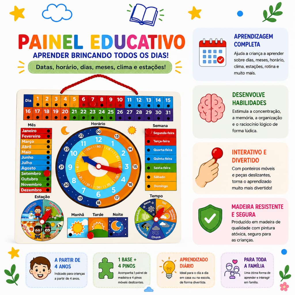Quadro Multiatividades Aprenda Brincando | Calendário Relógio Educativo de Madeira | DM Toys | 4+ Anos