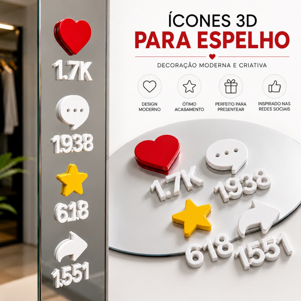 Espelho Decorativo - Ícones de Curtida para Espelho – Kit completo com 8 peças -  Decoração 3D Estilo Redes Sociais