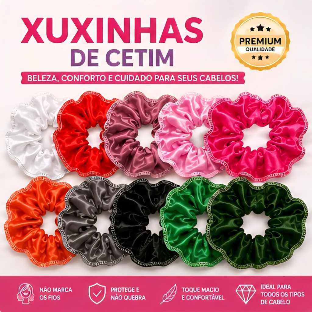 Kit 12 Xuxinha de Cetim Scrunchie Cabelo Anti-Frizz Xuxa Elástico Macio Colorido Rabicó