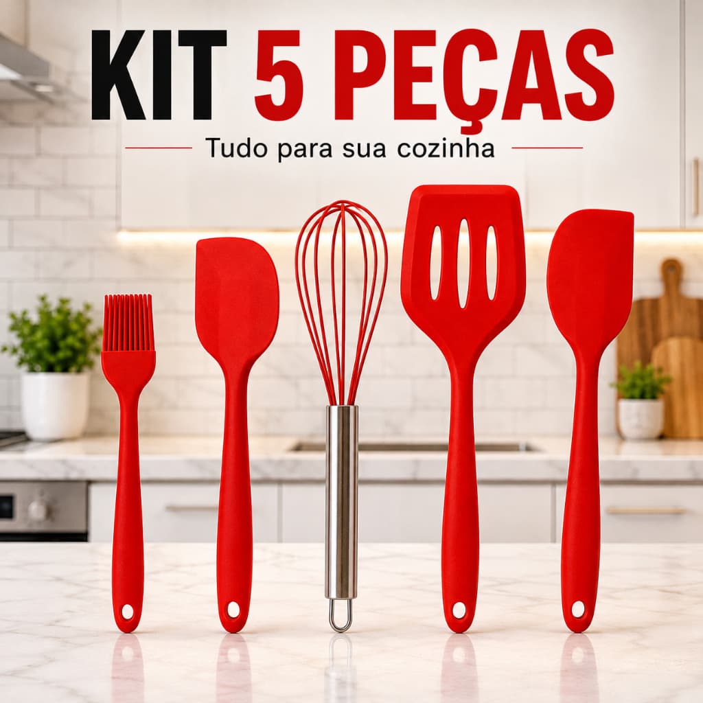 Kit Utensílios de Cozinha Silicone 5 Peças Espátulas Batedor Pincel Culinário