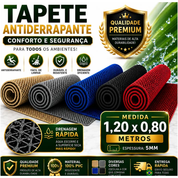 Tapete Piso Antiderrapante 1,20 x 0,80 5mm Banheiro Box Piscina Barco Bege, Azul, Vermelho, Preto e Cinza