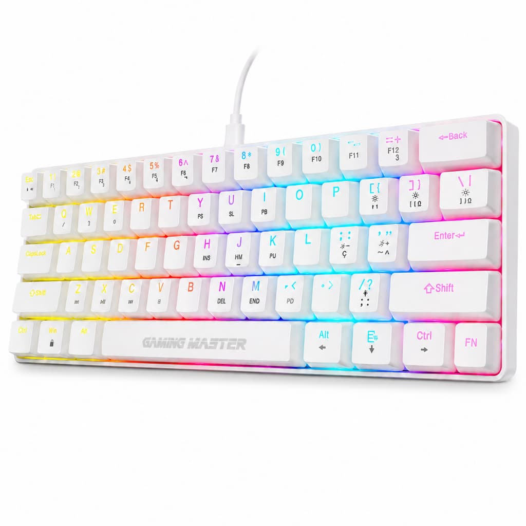 Teclado Gamer Mecânico K-Mex KBW8 Branco Switch Azul RGB 60% ABNT2
