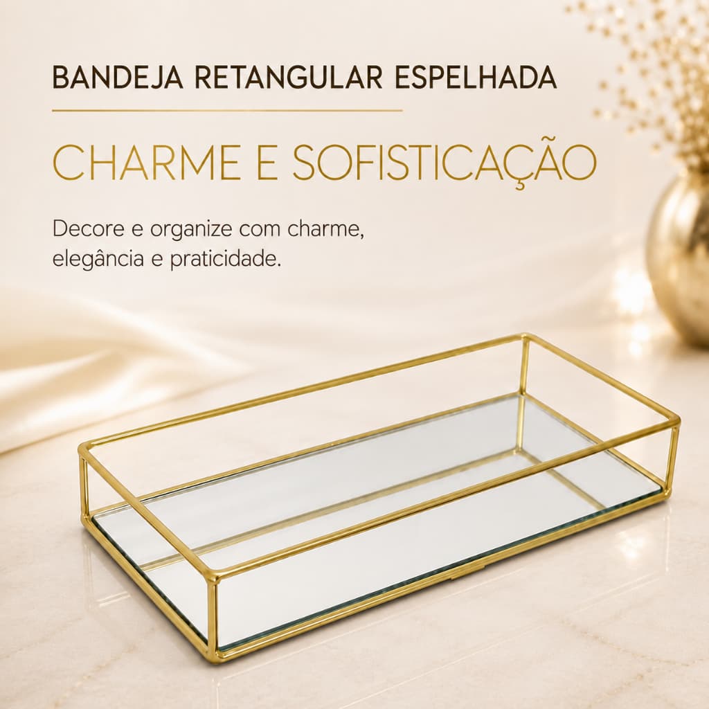 Bandeja Retangular Espelhada Decorativa 20cm Dourada em Metal para Perfumes Maquiagem e Organização