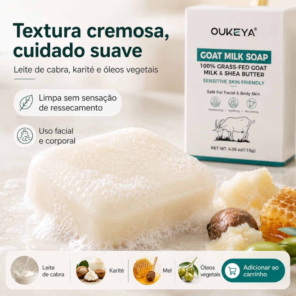 Sabonete Hidratante OUKEYA de Leite de Cabra com Karité para Rosto e Corpo