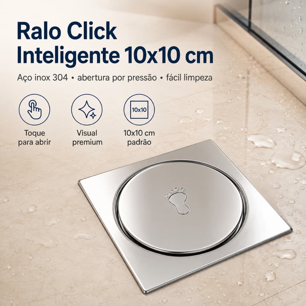 Ralo de Piso Inox 304 10x10cm com Sistema Click e Tampa Removível para Banheiro, Cozinha, Lavanderia e Área de Serviço