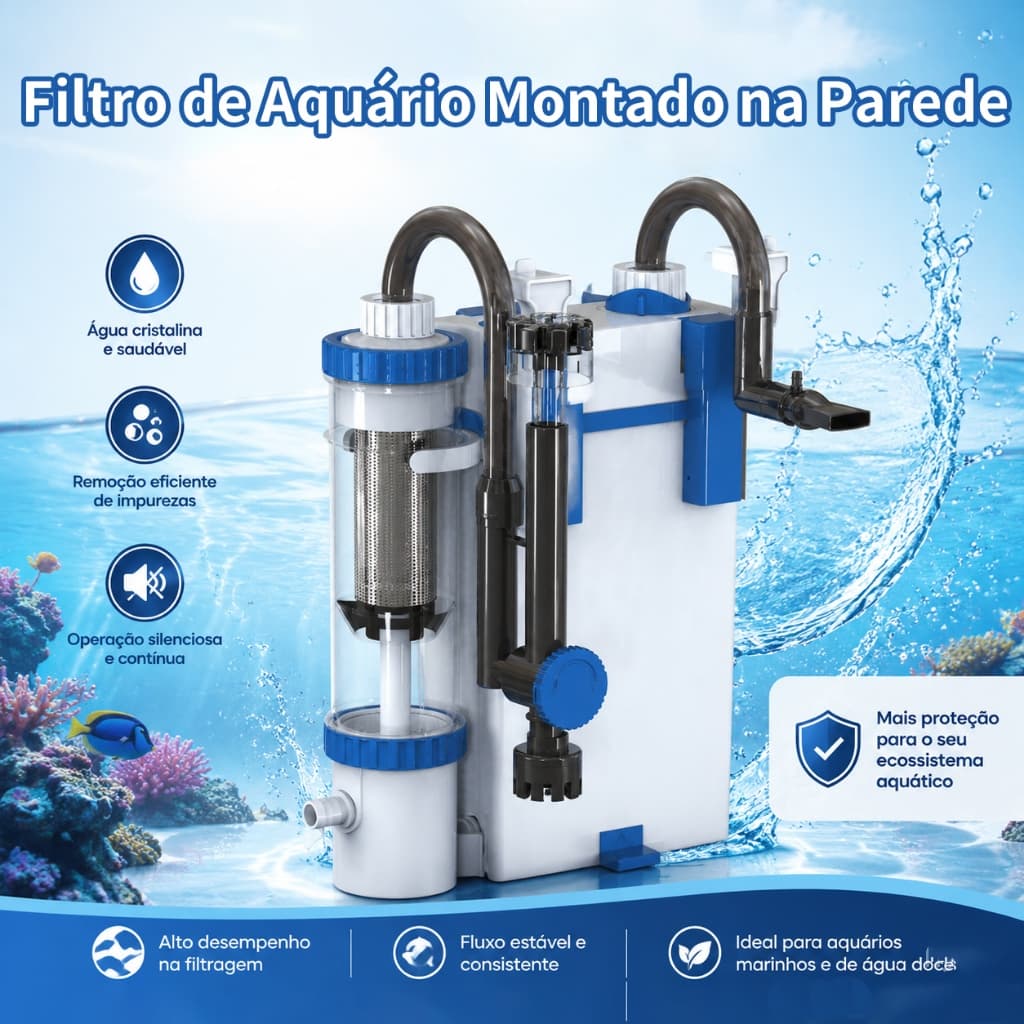 Filtro Silencioso para Aquário, Canister Compacto 500L/h Inclui Skimmer e Suporte de Parede