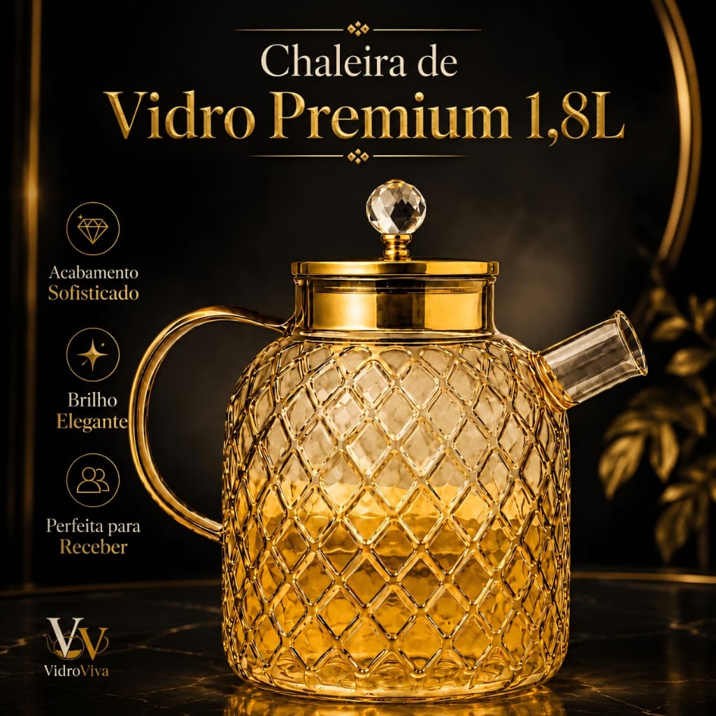 VidroViva Chaleira 1,8L de Vidro Âmbar Borossilicato com Filtro Inox Design Premium para Cozinha Mesa Posta e Presente