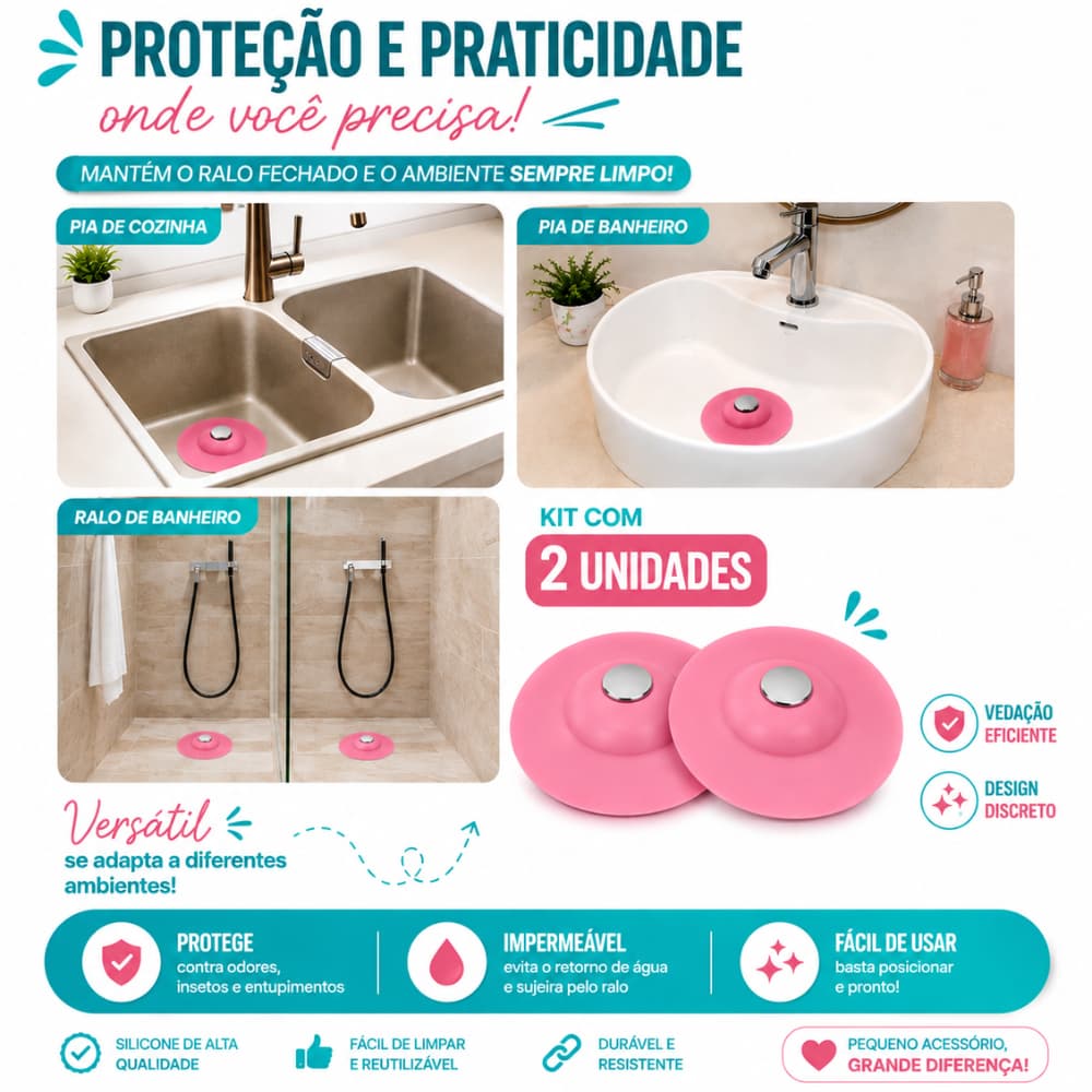 Ralo 2 em 1 Silicone Coletor de Cabelos e Tampa para Dreno Banheiro Box Kit 2 Unidades Prático