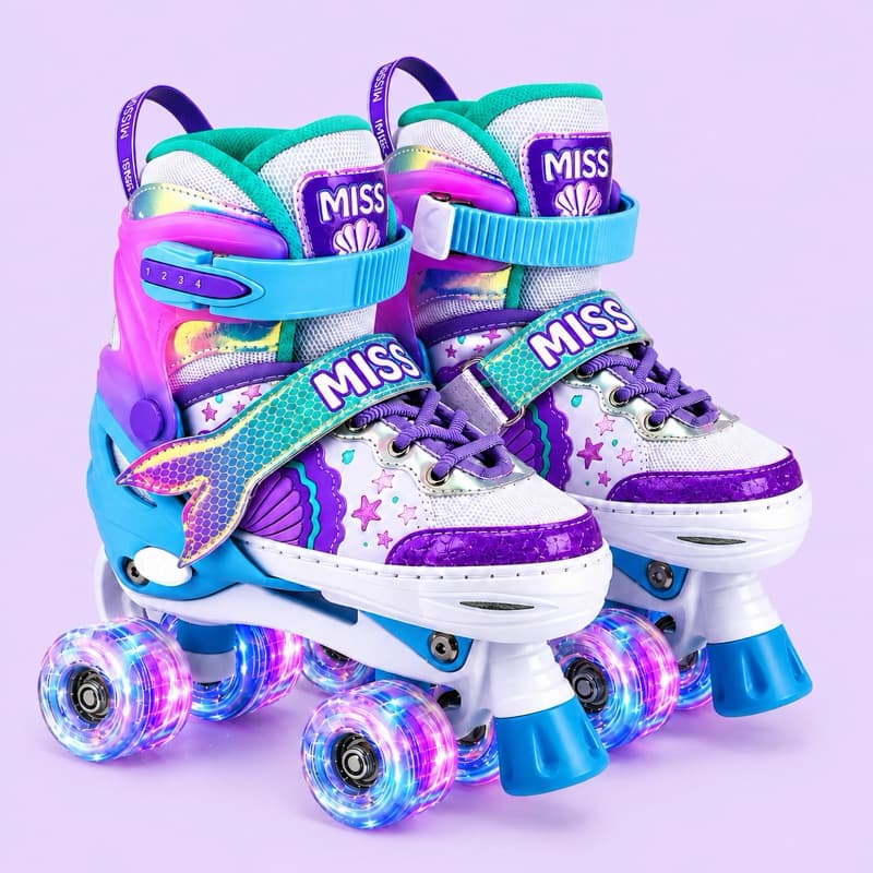 Patins Infantil Sereia Roxo 4 Rodas com Gliter e Led nas Rodinhas + Kit Proteção