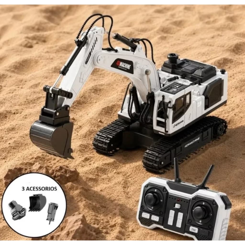 Escavadeira Controle Remoto RC 11 Canais Machine 4D Com Fumaça Simulada Luz Som Bateria Recarregável