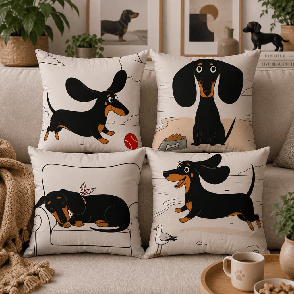 Kit 4 Capas de Almofadas Decorativas Cachorro Salsicha Dachshund Para Sofá Sala Quarto Decoração Pet