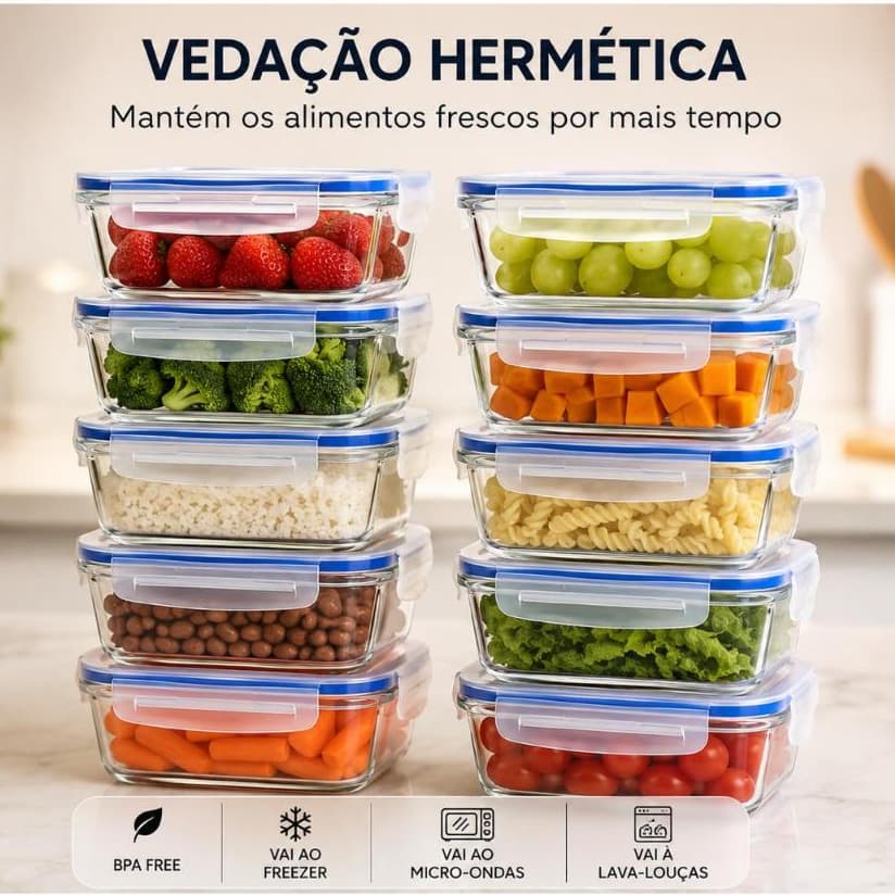 Kit Pote de Vidro Hermético 1040ml - Borosilicato Com Tampa, Marmita Fit Microondas Freezer Kit com 1, 2, 4 ou 6 Potes