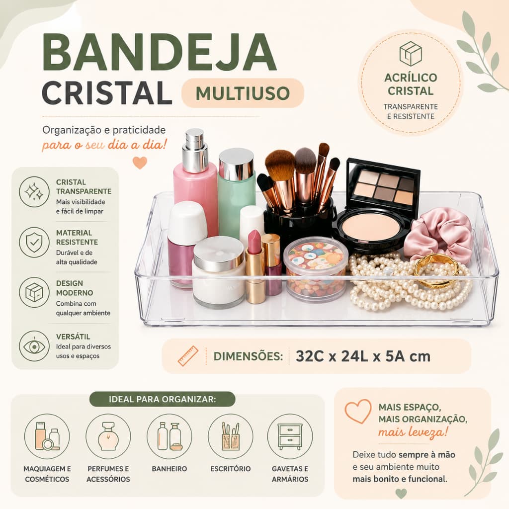 Bandeja Organizadora Cristal Multiuso  3,2 L – PS Cristal  32x24x5 cm