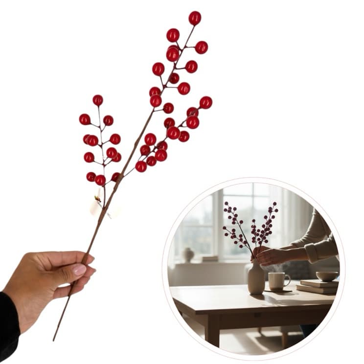 Azevinho Artificial Flor de Natal Decoração de Arvore de Natal Guirlanda Haste Vermelha  44 cm