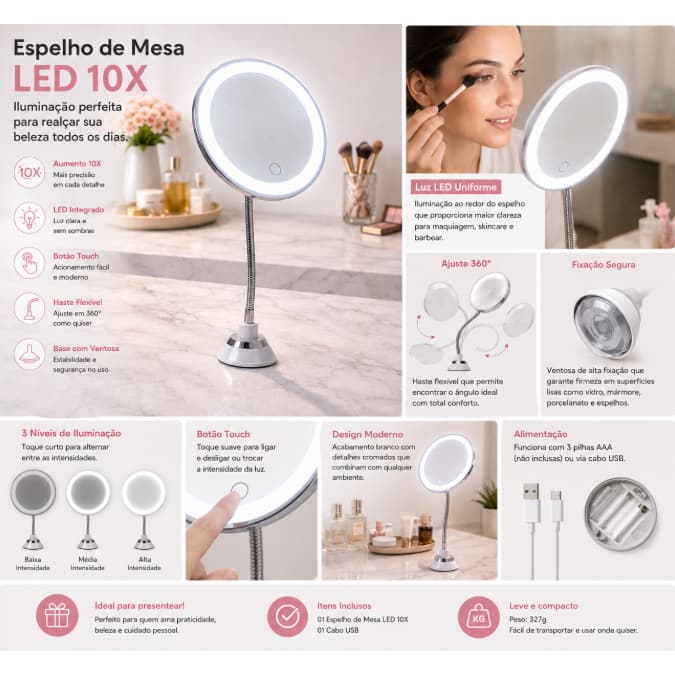 Espelho Redondo Maquiagem Led Luz Branca Mesa Usb Portatil