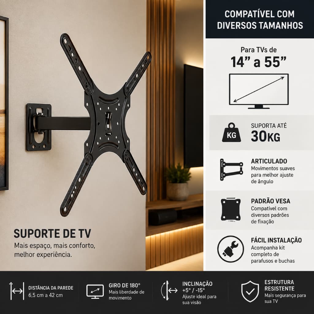 Suporte Articulado Tv parede Monitor Lcd Led oled qled Plasma 32 43 50 55 Polegadas Universal