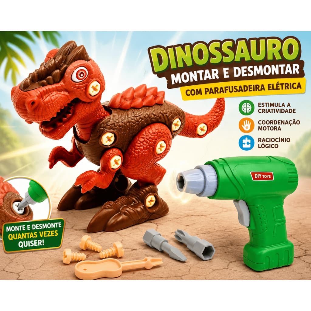Brinquedo Dinossauro de Montar Desmontar Com Parafusadeira Elétrica e Chave Manual